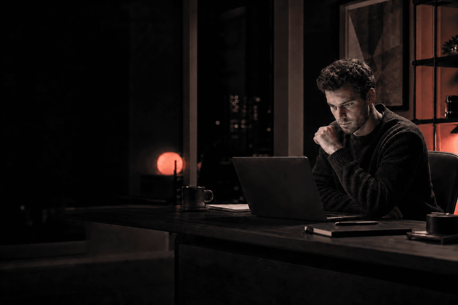 Focused investor reviewing research at a dark modern desk
