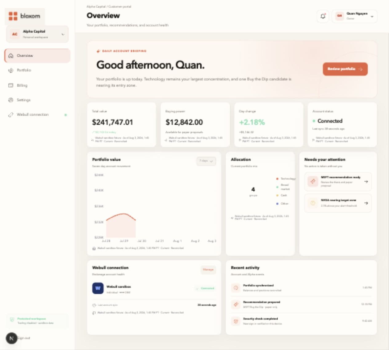 Bloxom Alpha portfolio overview showing recommendations, portfolio value, allocation, and data freshness